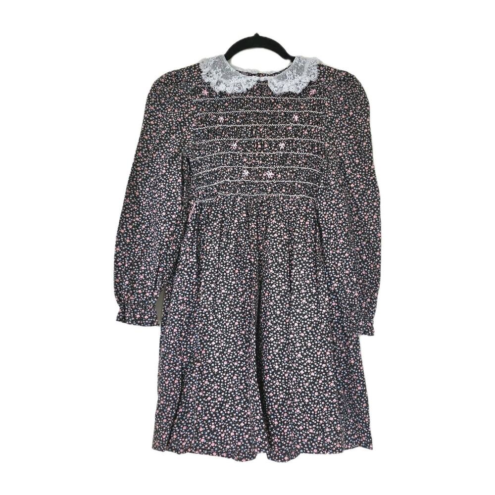 Vtg Smocked Floral Cottagecore Dress Girls 10 Collared Black Pink 80s Prairie